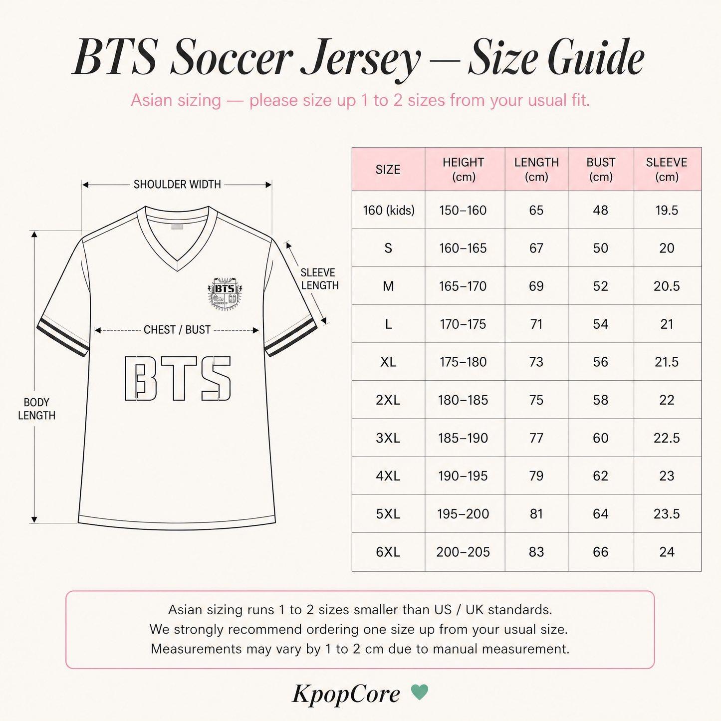 Guide des tailles — Maillot de foot BTS — KpopCore