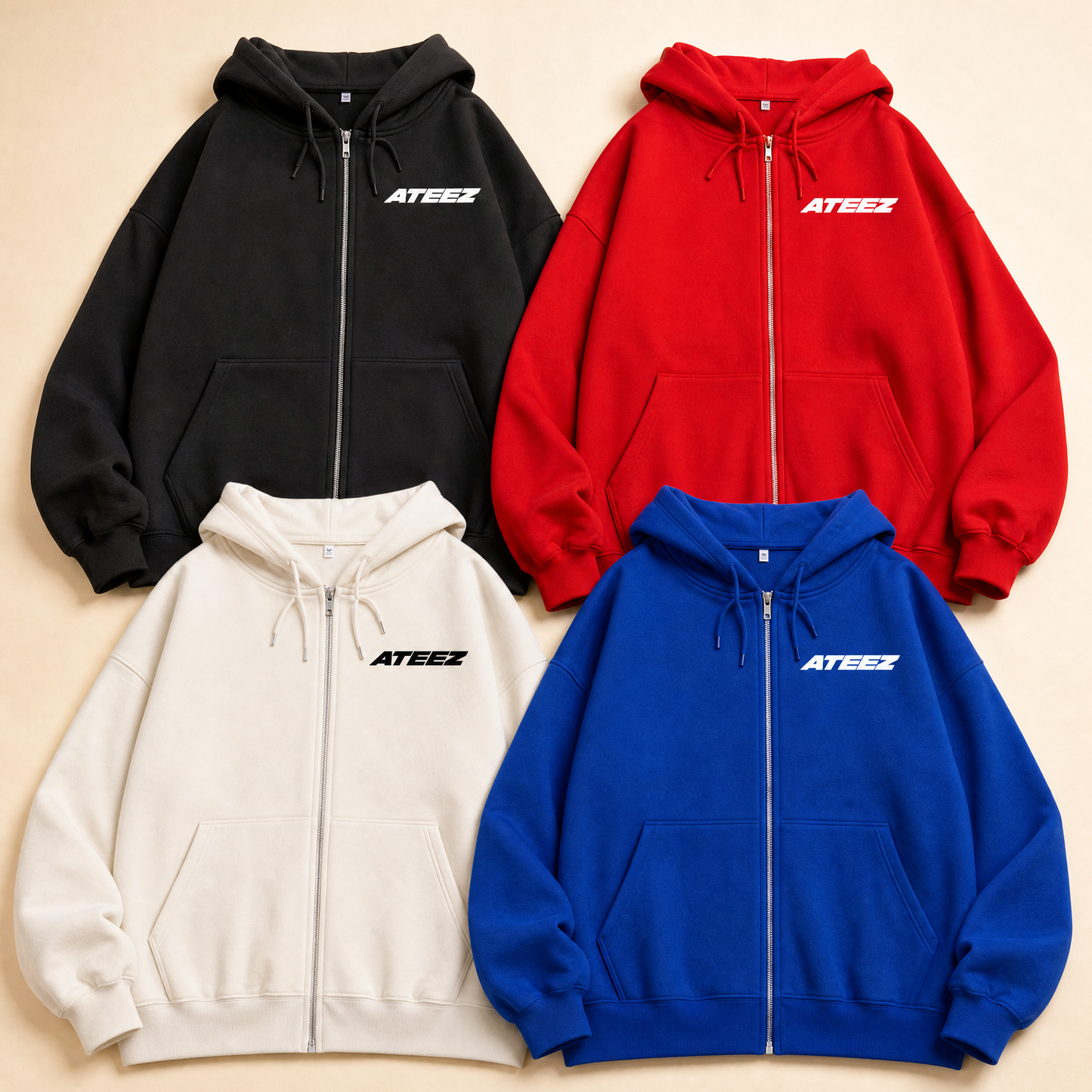 Les 4 coloris — noir, rouge, crème, bleu royal