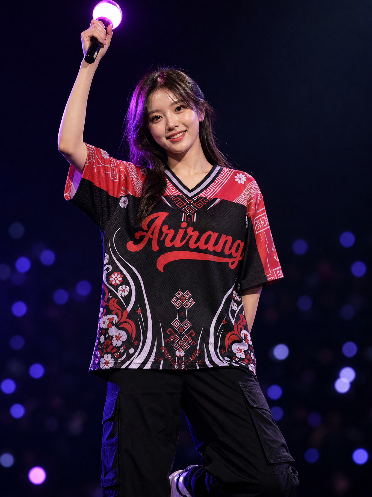 Maillot Arirang BTS Motifs Coréens — Nom & numéro personnalisés — porté de face, ambiance concert