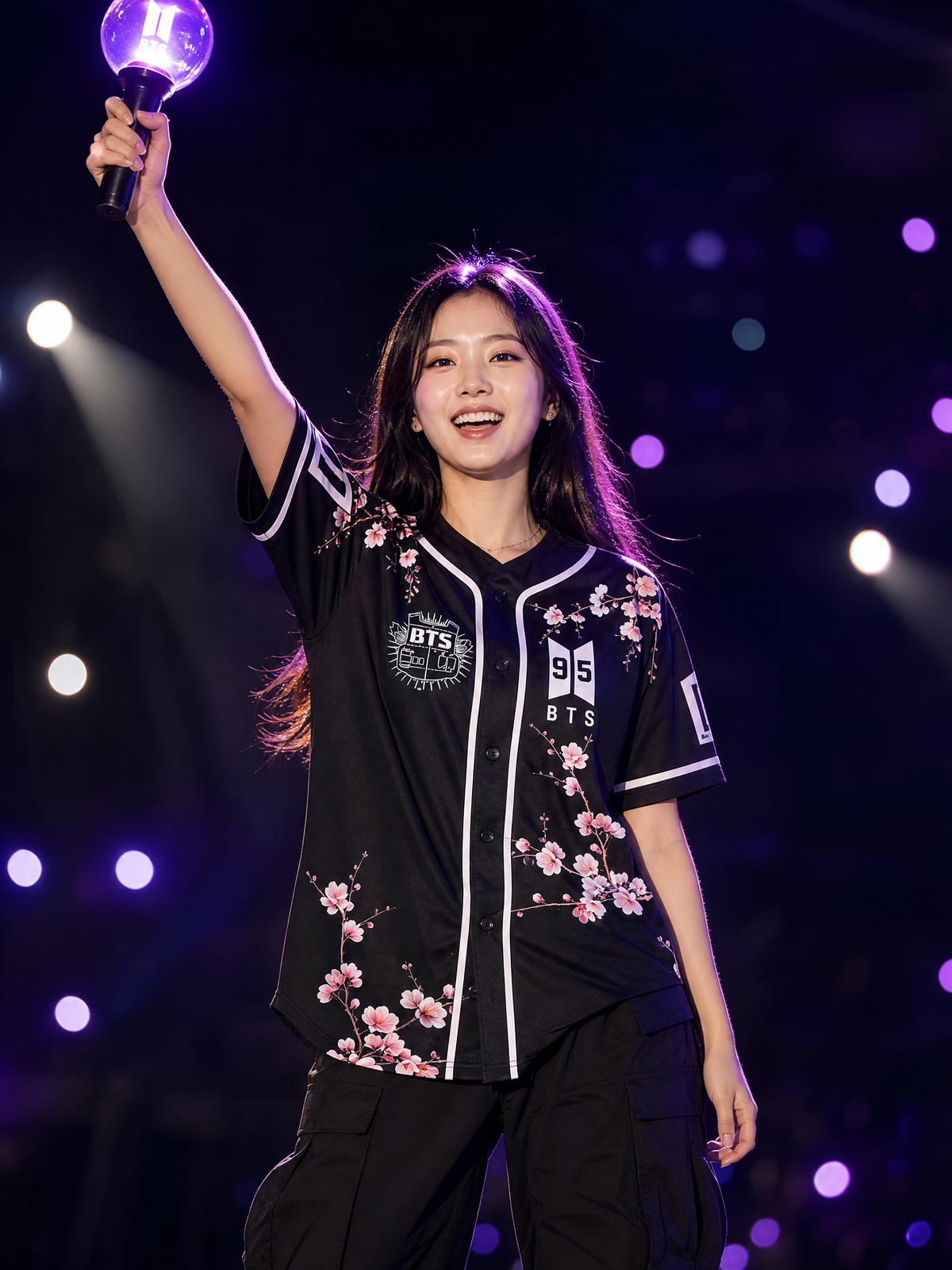 Maillot Baseball BTS Sakura — Cerisiers en fleurs — porté de face, ambiance concert