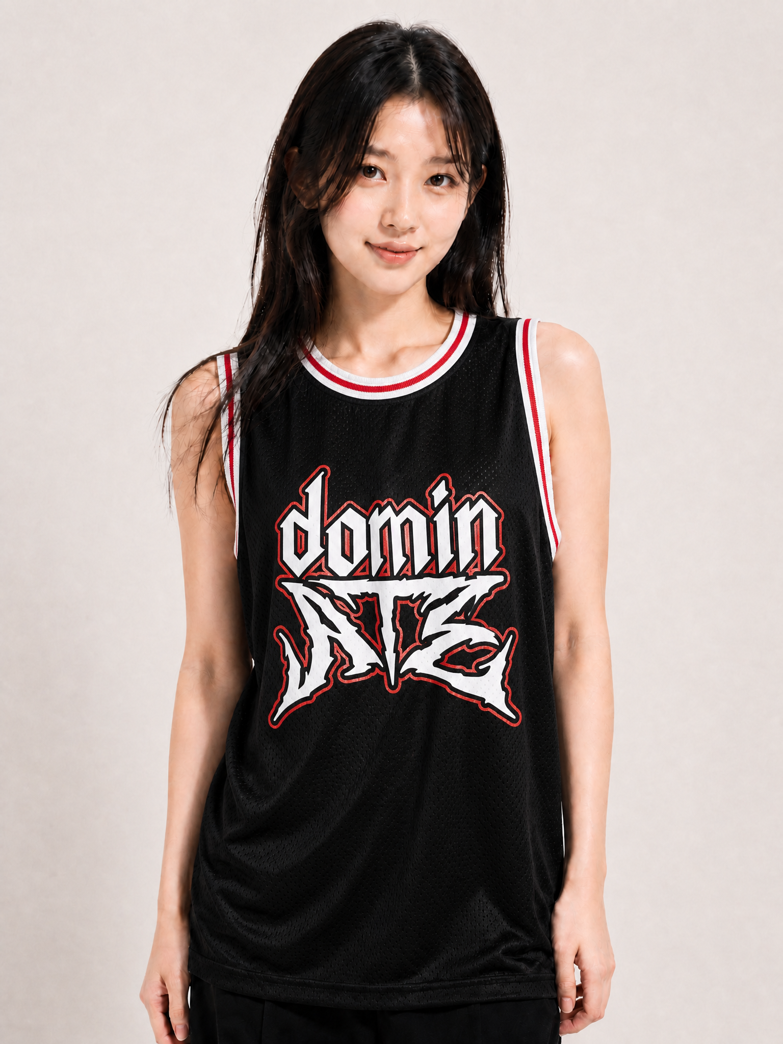 Débardeur basket Stray Kids dominATE — logo dominATE, mesh noir à liseré rouge et blanc | KpopCore