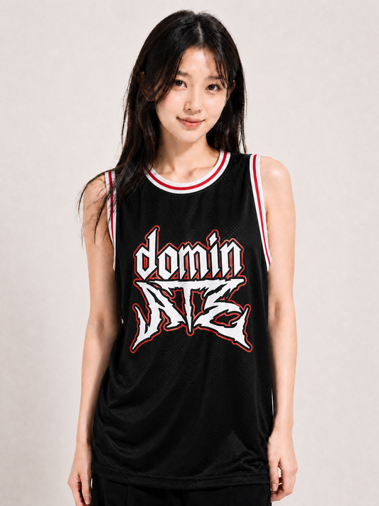 Débardeur basket Stray Kids dominATE — logo dominATE, mesh noir à liseré rouge et blanc | KpopCore