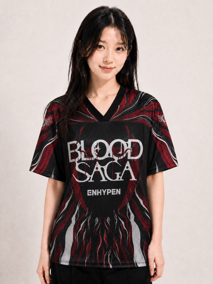 Maillot ENHYPEN BLOOD SAGA — mesh noir col V, flammes rouge sang | KpopCore