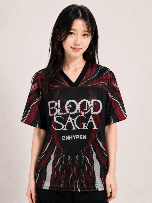 Maillot ENHYPEN BLOOD SAGA — mesh noir col V, flammes rouge sang | KpopCore