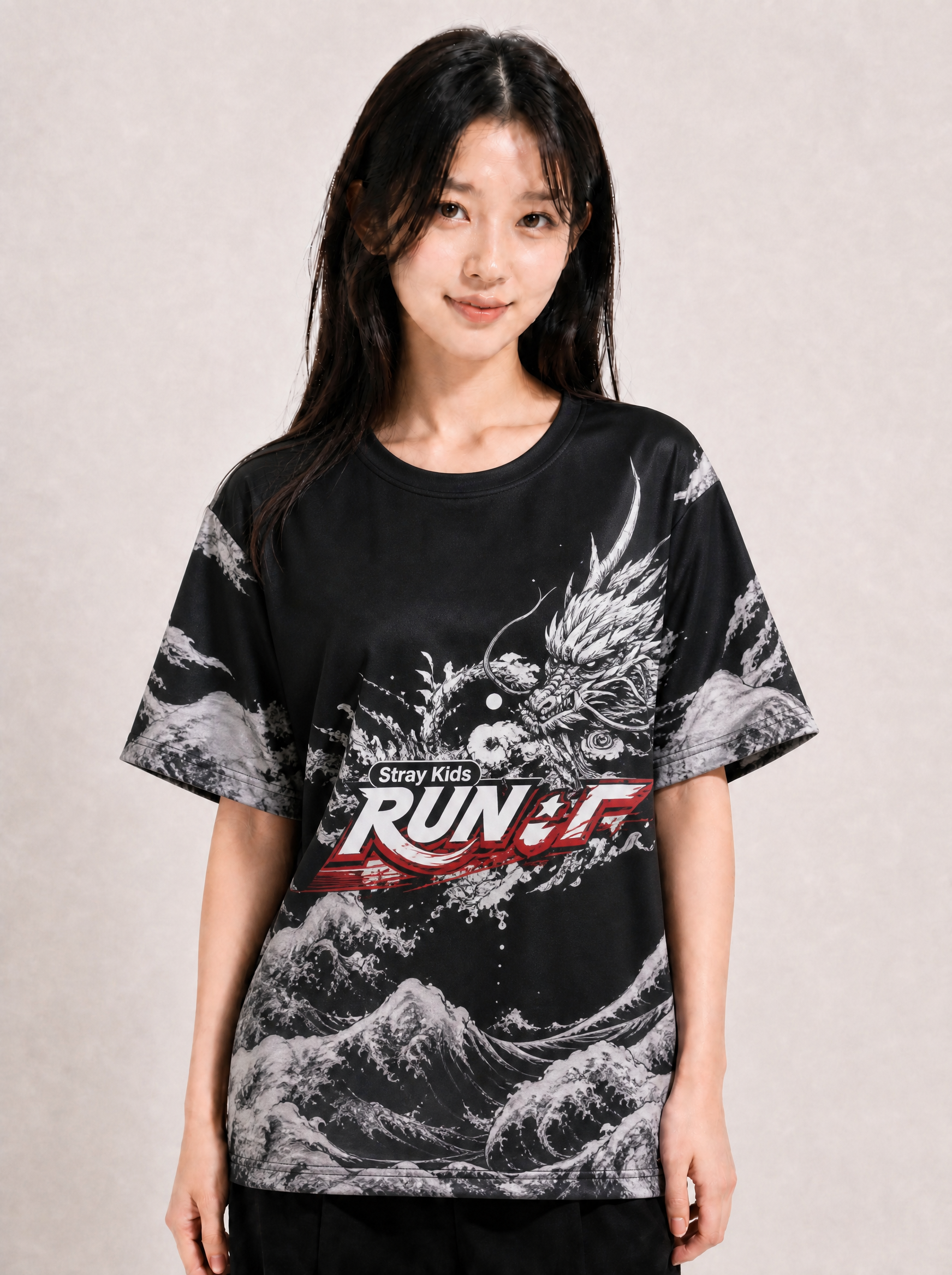 Maillot Stray Kids RUN IT — dragon & vagues noir, logo RUN IT | KpopCore
