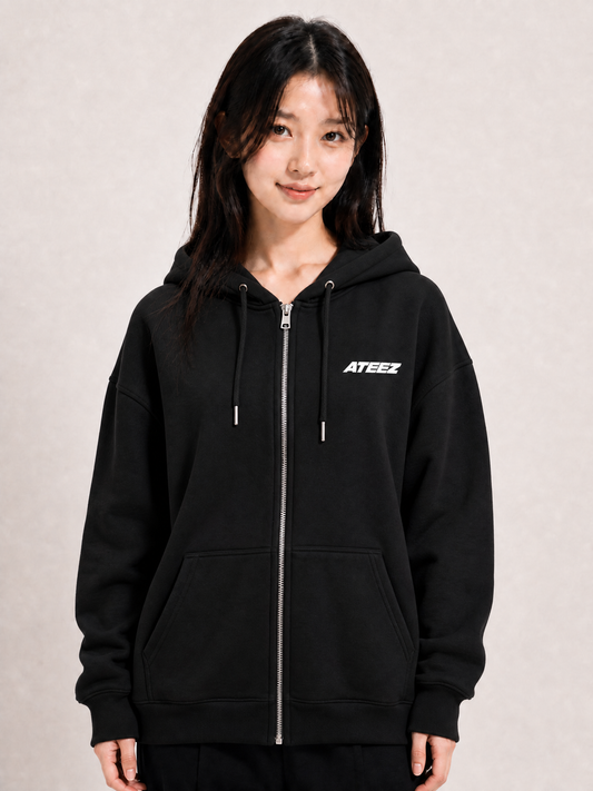 Hoodie zippé ATEEZ noir — logo poitrine | KpopCore