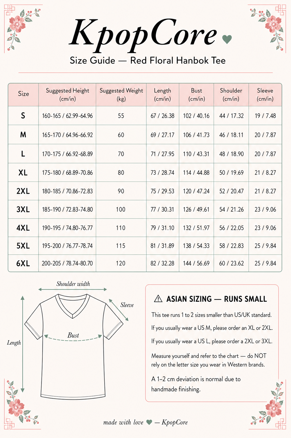 Guide des tailles — Maillot Hanbok BTS — Nom & numéro personnalisés