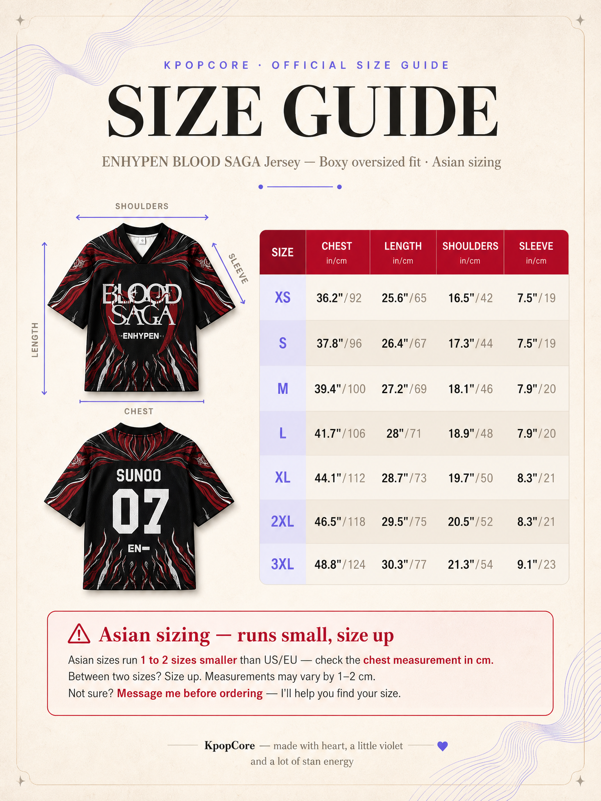 Guide des tailles — Maillot BLOOD SAGA ENHYPEN — Nom & numéro personnalisés