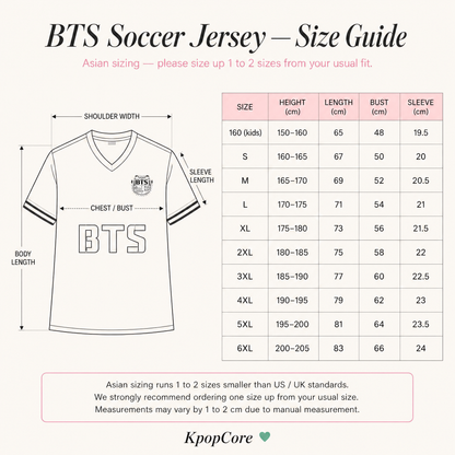 Guide des tailles — Maillot de foot BTS — KpopCore